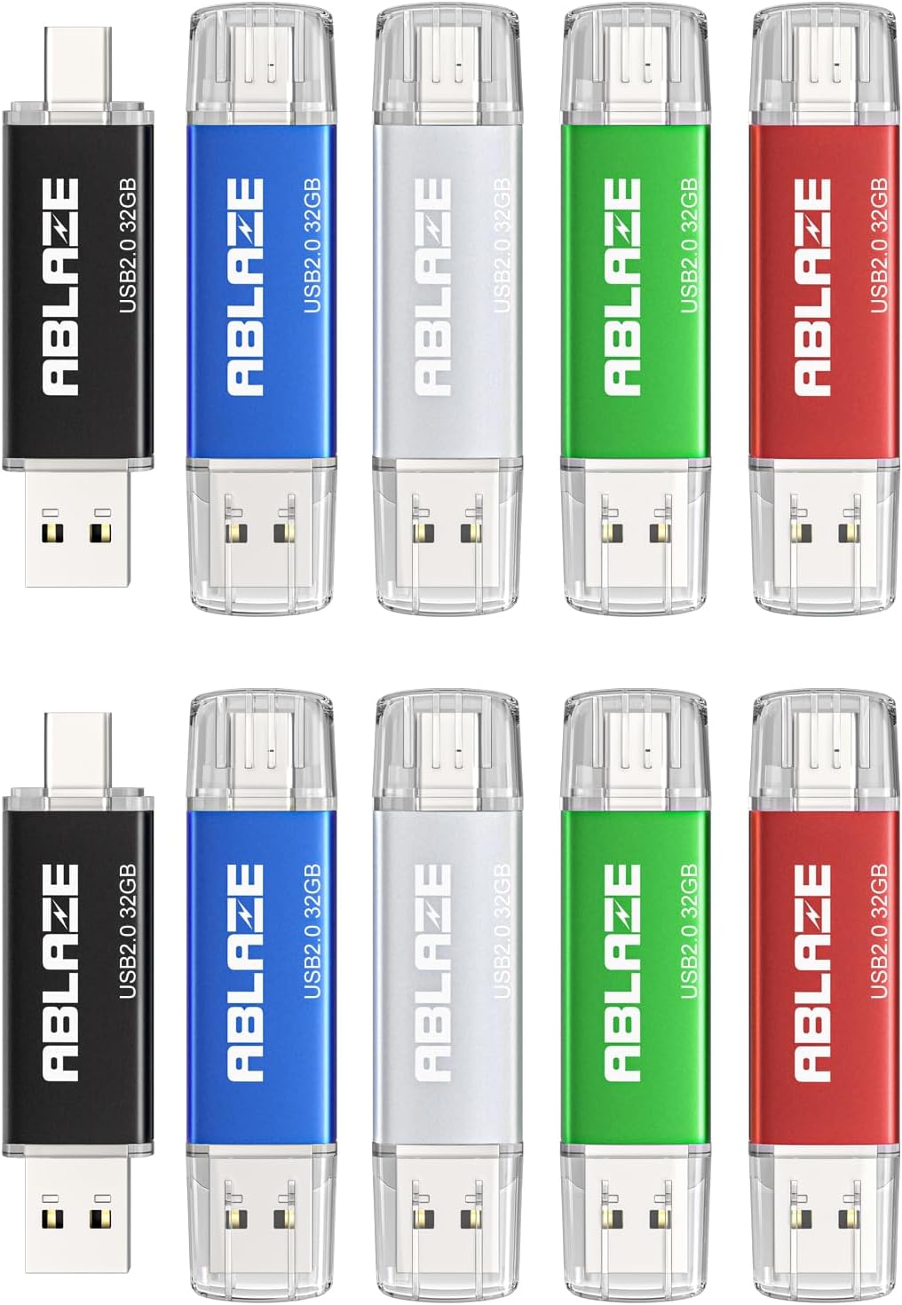 ABLAZE 32GB Type C Flash Drive 10 Pack, Dual USB 2.0+USB C Memory Stick Thumb Drive Compatible with iPhone 16/15, Android Smartphone, Computers, Tablets, Mac,iPad,PC