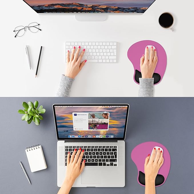 ITNRSIIET Ergonomic Mouse Pad, Cushioned Gel Wrist Rest, Non-Slip Base, Smooth Surface, Cute Multi-Color, 9.5 x 8.2 in, Black-Pink Contrast