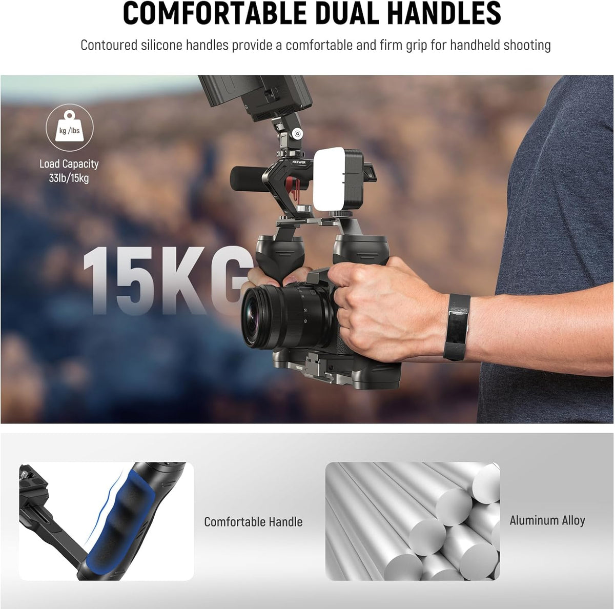 NEEWER Video Camera Cage Rig with Arca Type Quick Release Plate, Double Handles, 3/8" ARRI 1/4" Threads, Cold Shoes, Universal Camera Stabilizer, Compatible with SmallRig NEEWER Base Plate, CA077