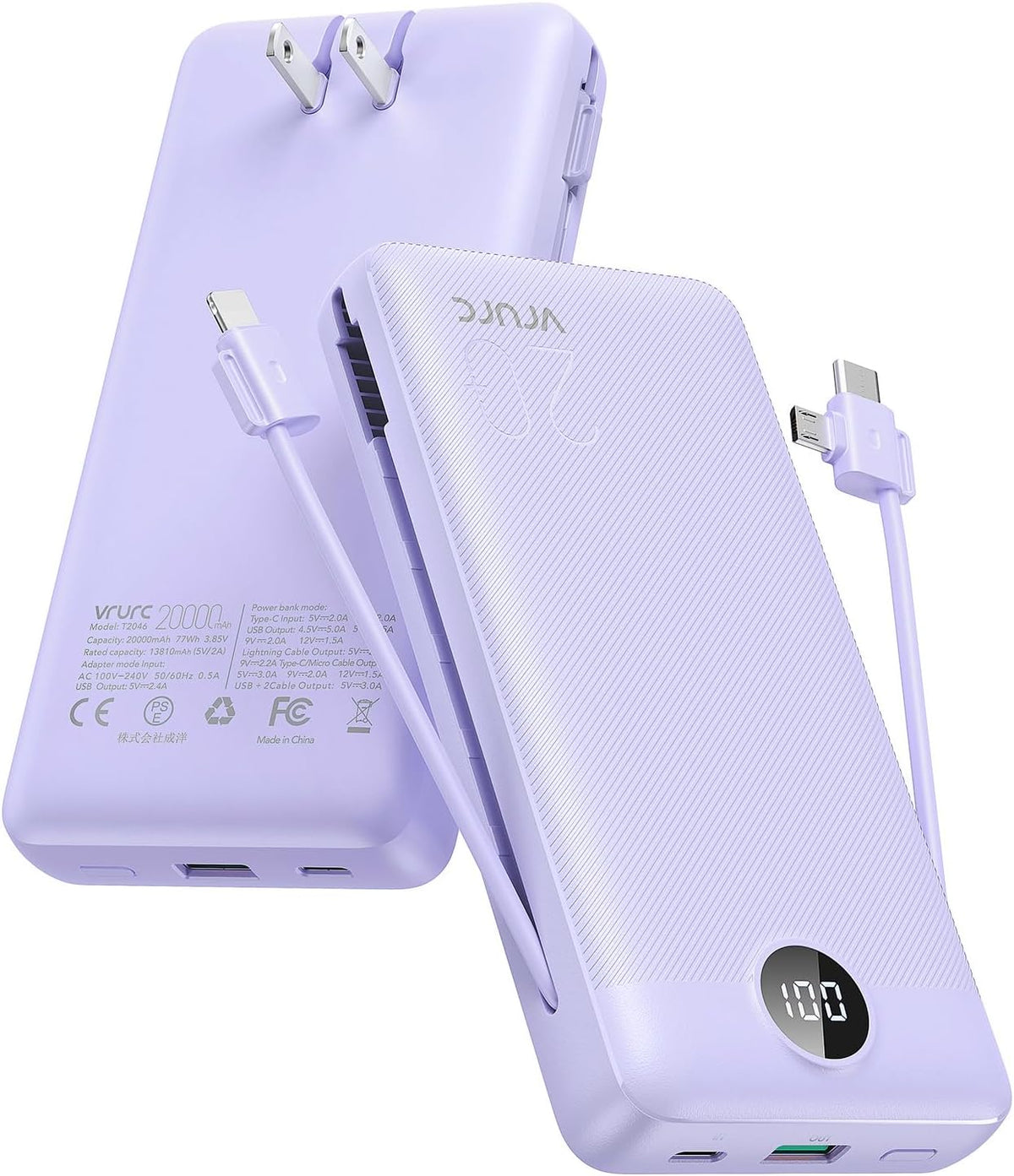 VRURC Portable Charger 20000mAh, Fast Charging Power Bank USB C,4 Output 2 Input Travel Essentials Charging Bank Equipped with LED Display,Built-in Wall Plug and Cables,Phone Charger Battery,Purple
