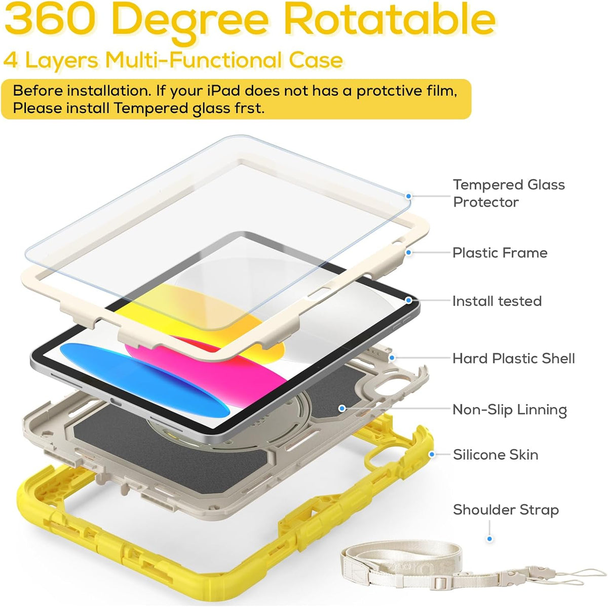 BLOSOMEET Case for iPad A16 11th/10th Generation 11''/10.9'' 2025 2022 with Tempered Glass Screen Protector, Rugged Cute Girls Boys Cover with Stand Hand Shoulder Strap, Fashion Yellow
