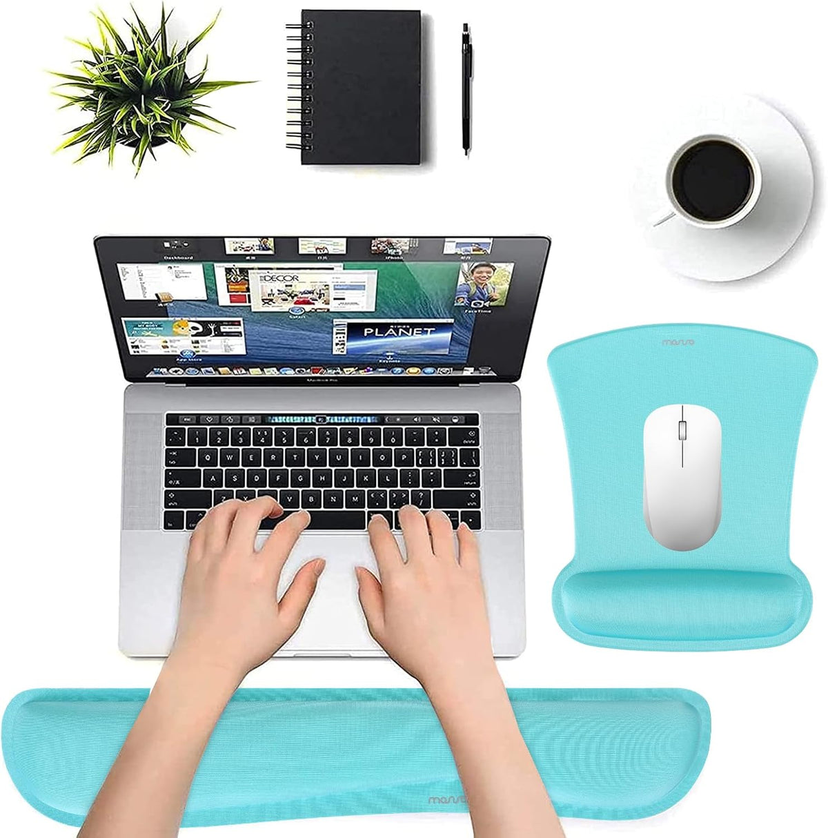 MOSISO Wrist Rest Support for Mouse Pad & Keyboard Set, Ergonomic Mousepad Non-Slip Base Home/Office Pain Relief & Easy Typing Cushion with Neoprene Cloth & Raised Memory Foam, Turquoise