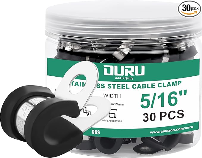 OURU 30pcs 5/16 Inch Stainless Steel Cable Clamps,Rubber Coated Cushioned Insulated Cable Clamp,Automotive Cable Wire Clamps,Pipe Clamps,Metal Clamp for Tube,Lines,Wire Cord Installation(Black,8mm)