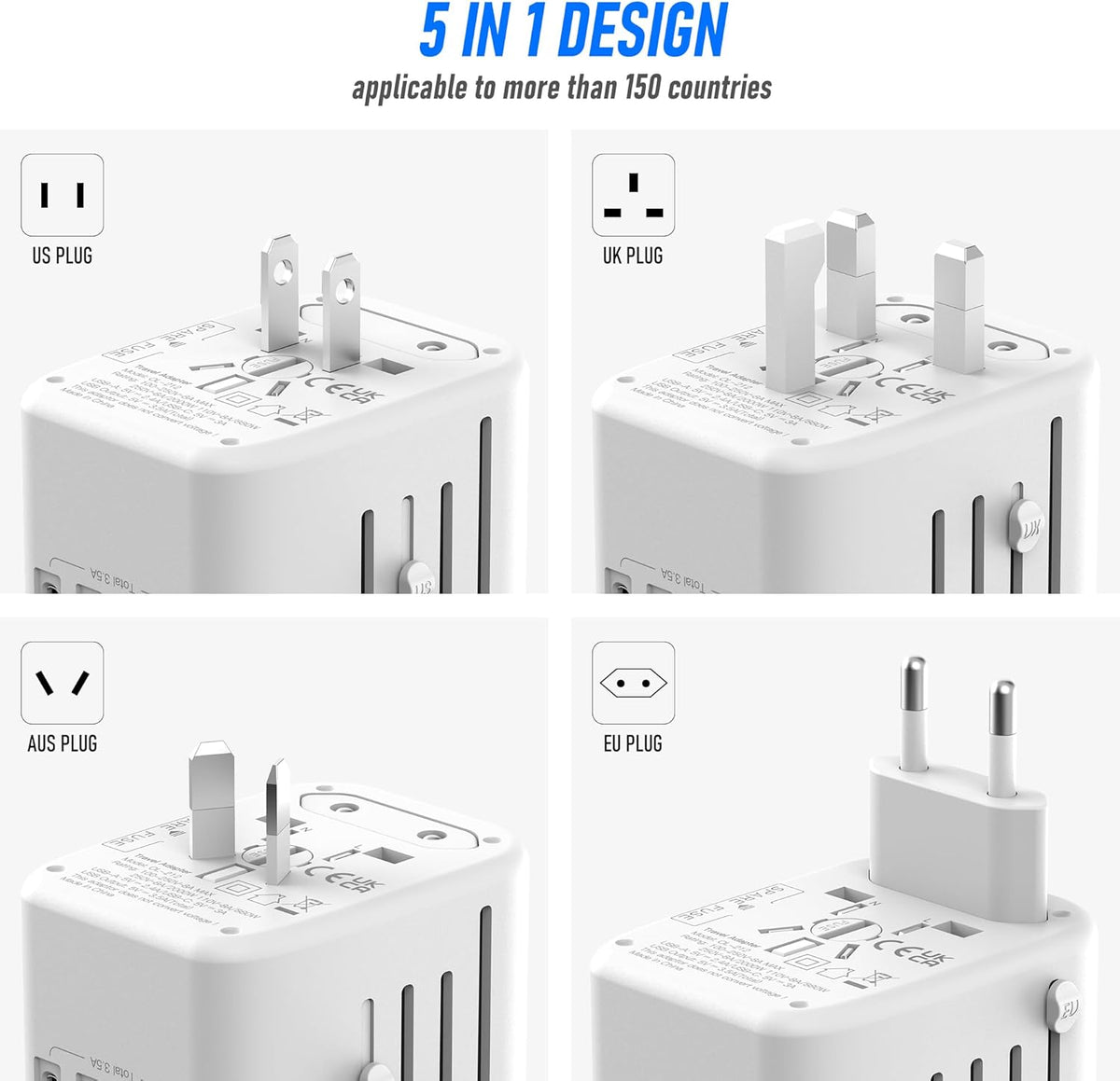 Universal International Power Travel Plug Adapter, 5 in 1 European Travel Plug Adapter W/ 3.5A 2xUSB-A and 2xUSB C Wall Charger and Worldwide AC Outlet for Europe USA UK AUS Asia (White Grey)