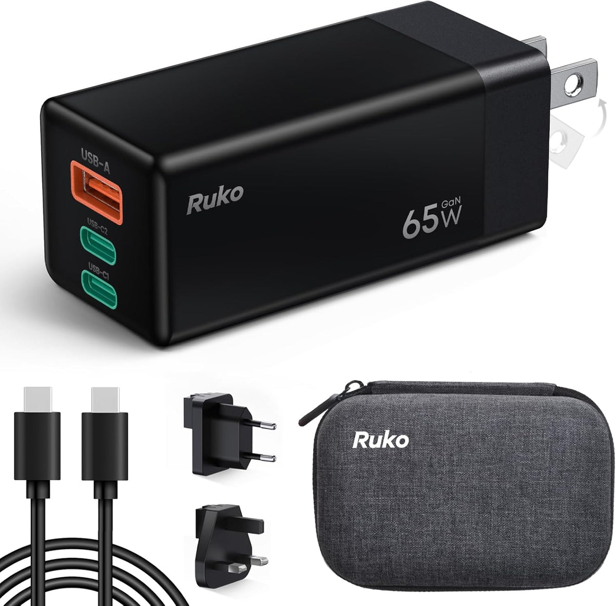 Ruko 65W USB C Charger, 3 Port International Travel Charger Kit, GaN Fast Charging Block with Portable Bag Cable UK EU Plug for iPhone 16/Pro, Galaxy S24, MacBook, iPad, Steam Deck, Drones