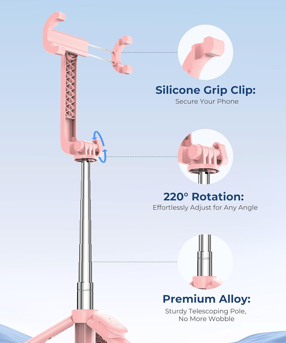 67‘’ Selfie Stick Tripod, Phone Tripod with Wireless Remote Control, Portable Selfie Stick for Photograph, Live Streaming, Video Recording, Compatible with All Cell Phones, Pink