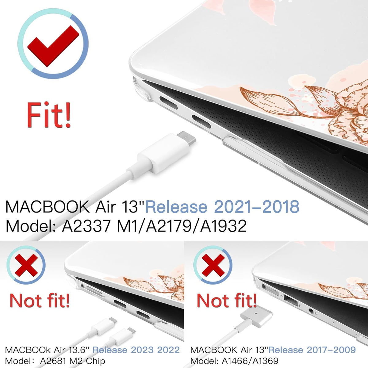 MEEgoodo for MacBook Air 13.3 inch Case 2021 2020 2019 2018 A2337 M1 A2179 A1932,Clear Case for MacBook Air M1, Laptop Shell with Keyboard Webcam Cover & Trackpad Film & Type C Adapter,Floral Elements