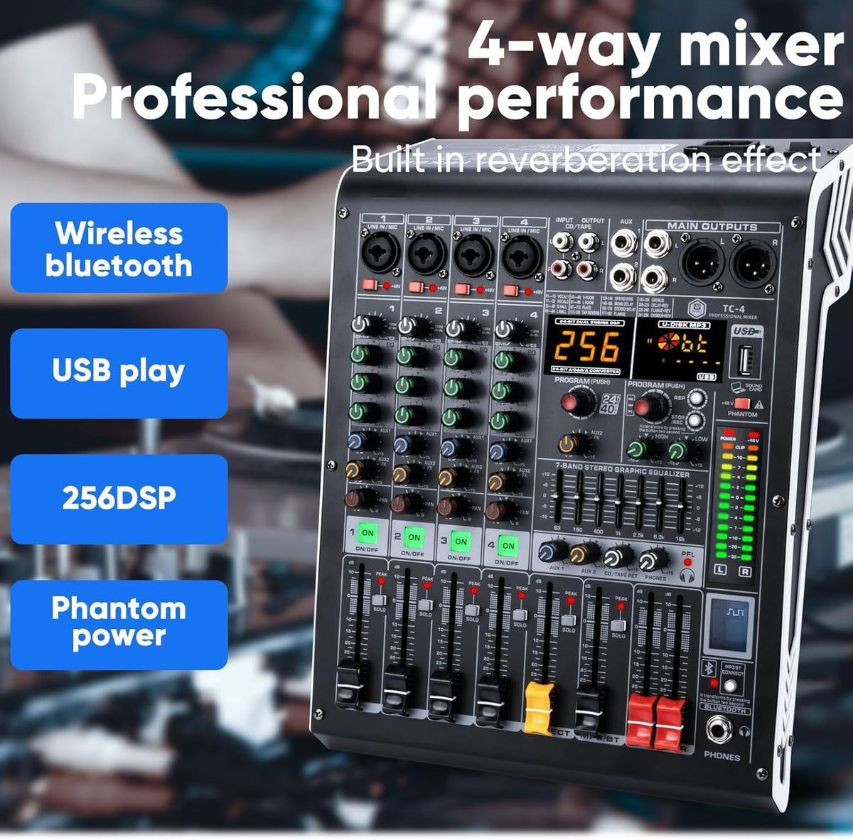 W IN-MIX 4 Channel Professional Audio Mixer with MP3 Player and Bluetooth U disk 48V Phantom Power Source USB recording for Studio Recording, Live Performances