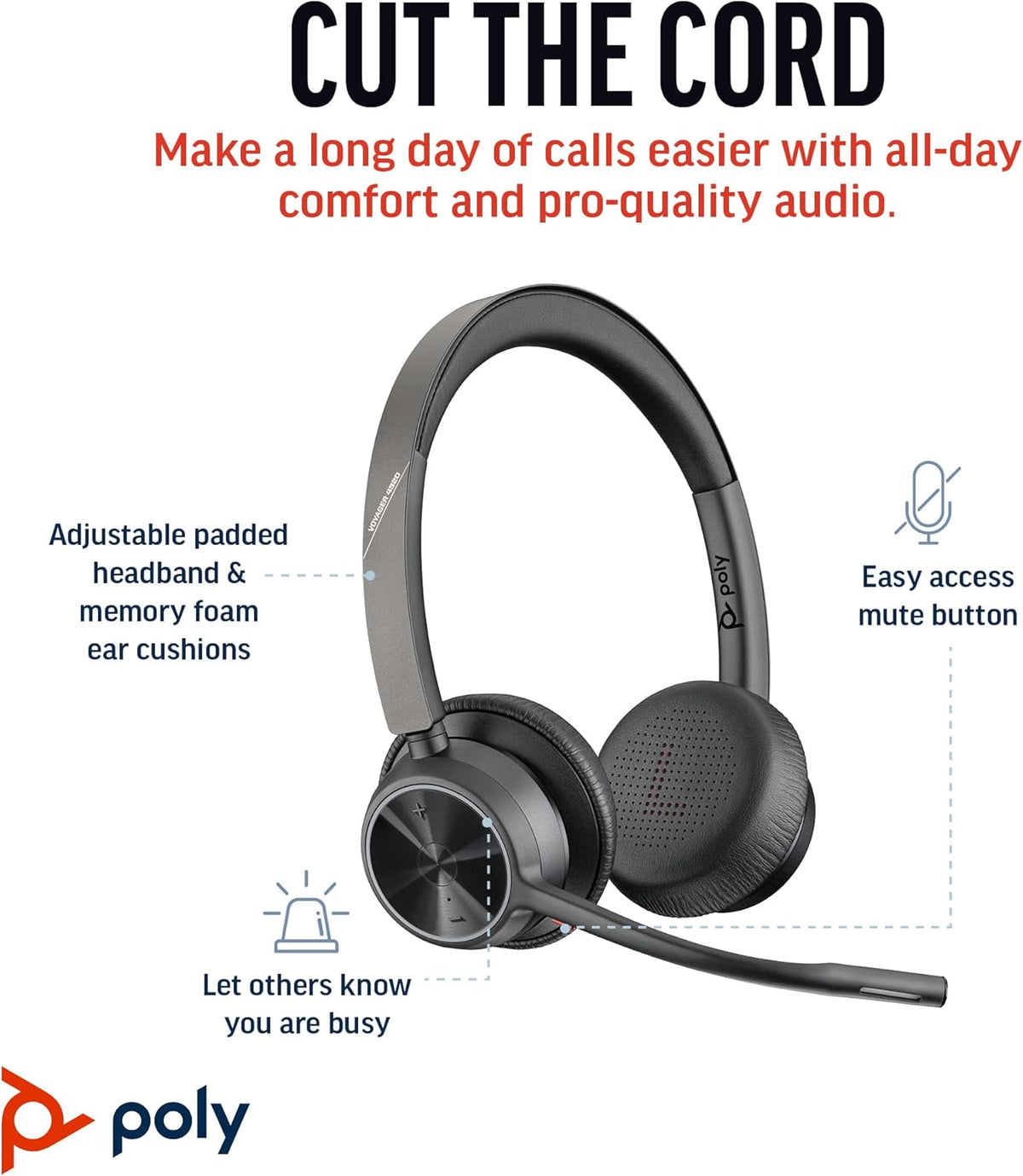 Poly Voyager 4320 UC Wireless Headset (Plantronics) - Stereo Headphones w/Noise-Canceling Boom Mic - Connect PC/Mac/Mobile via Bluetooth - Works w/Teams, Zoom, & More - Amazon Exclusive