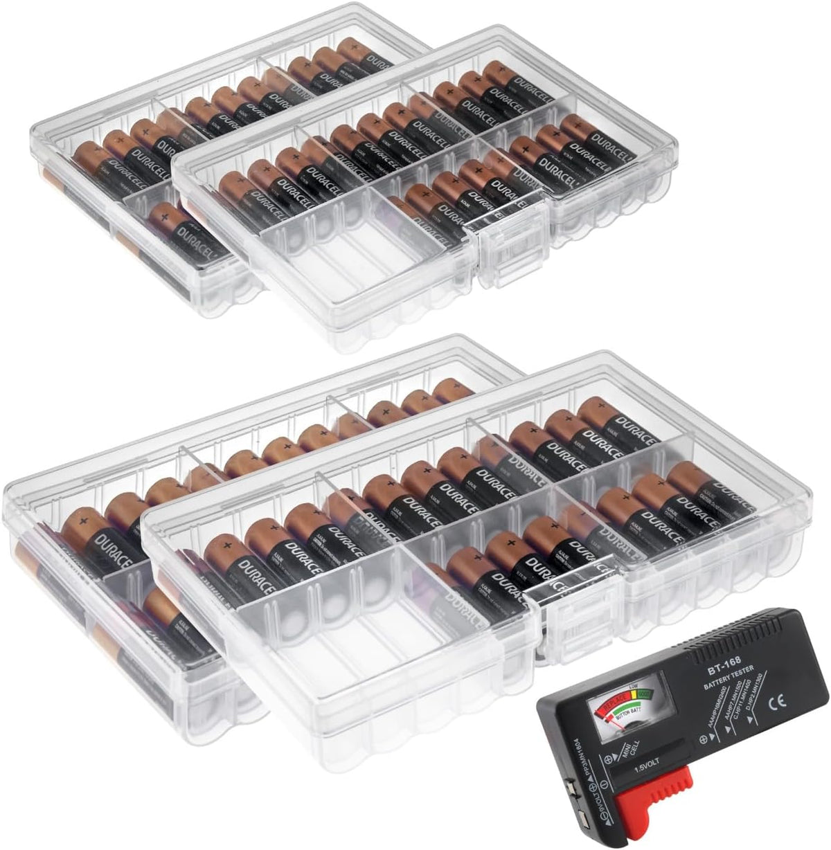 GlossyEnd Set 4 48 of - Two AA and Two AAA Battery Storage Box, Battery Storage Case Holder with Tester, Clear. Each