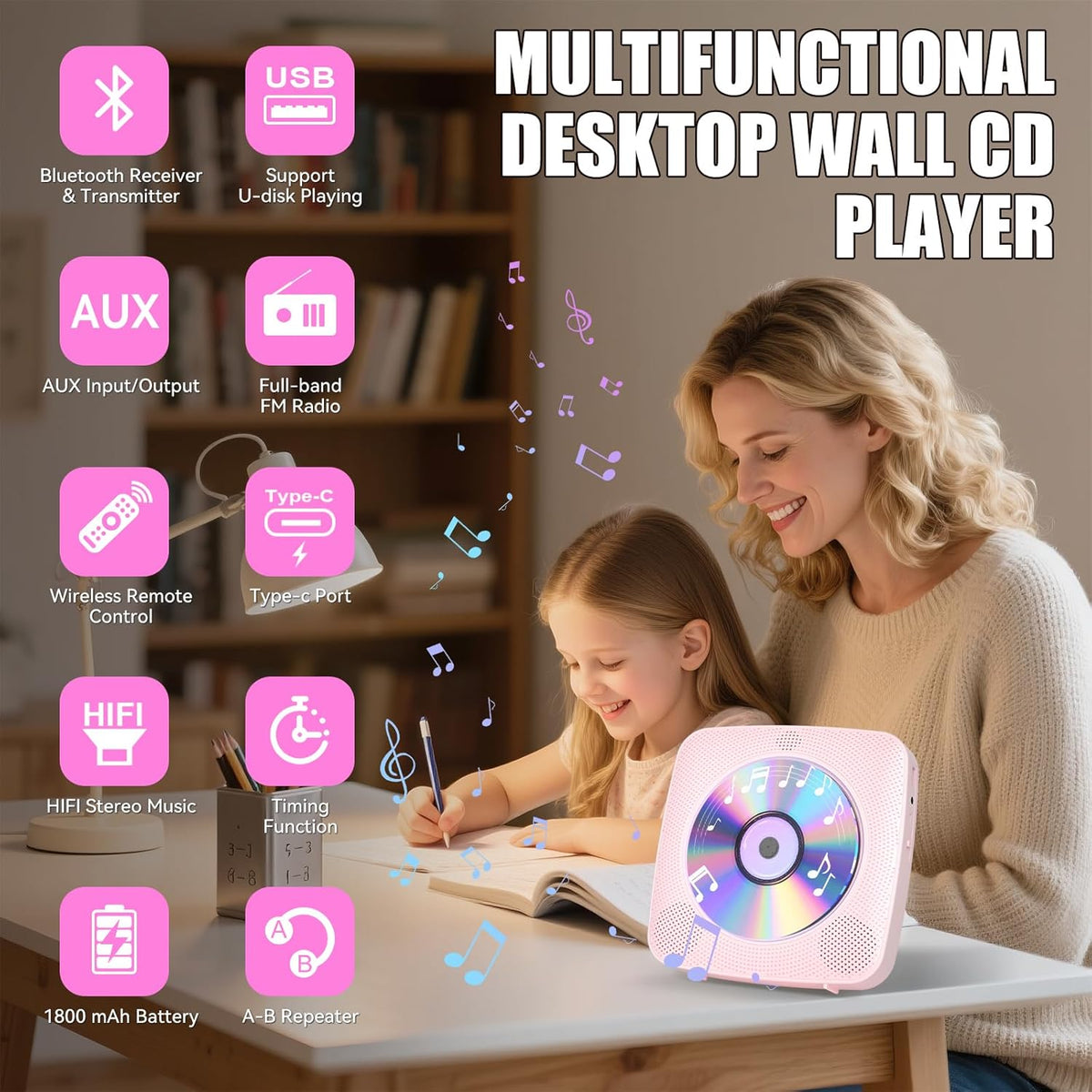 Gueray 1800mAh CD Player Portable with Bluetooth Wall Mountable, Rechargeable Battery Operated CD Music Players