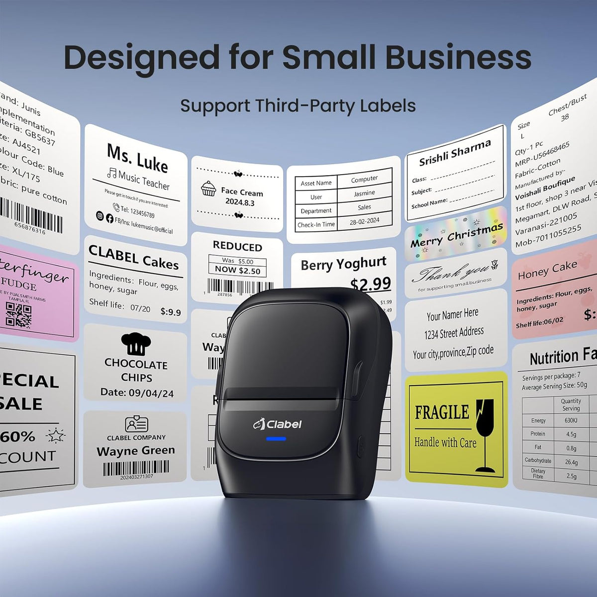 CLABEL Thermal Label Maker Machine: 221B Bluetooth Label Maker Machine with Tape Mini Sticker Printer Barcode Printer Compatible with Smartphone with 3 Roll 40x30mm,50x30mm,50x80mm Label (Black)