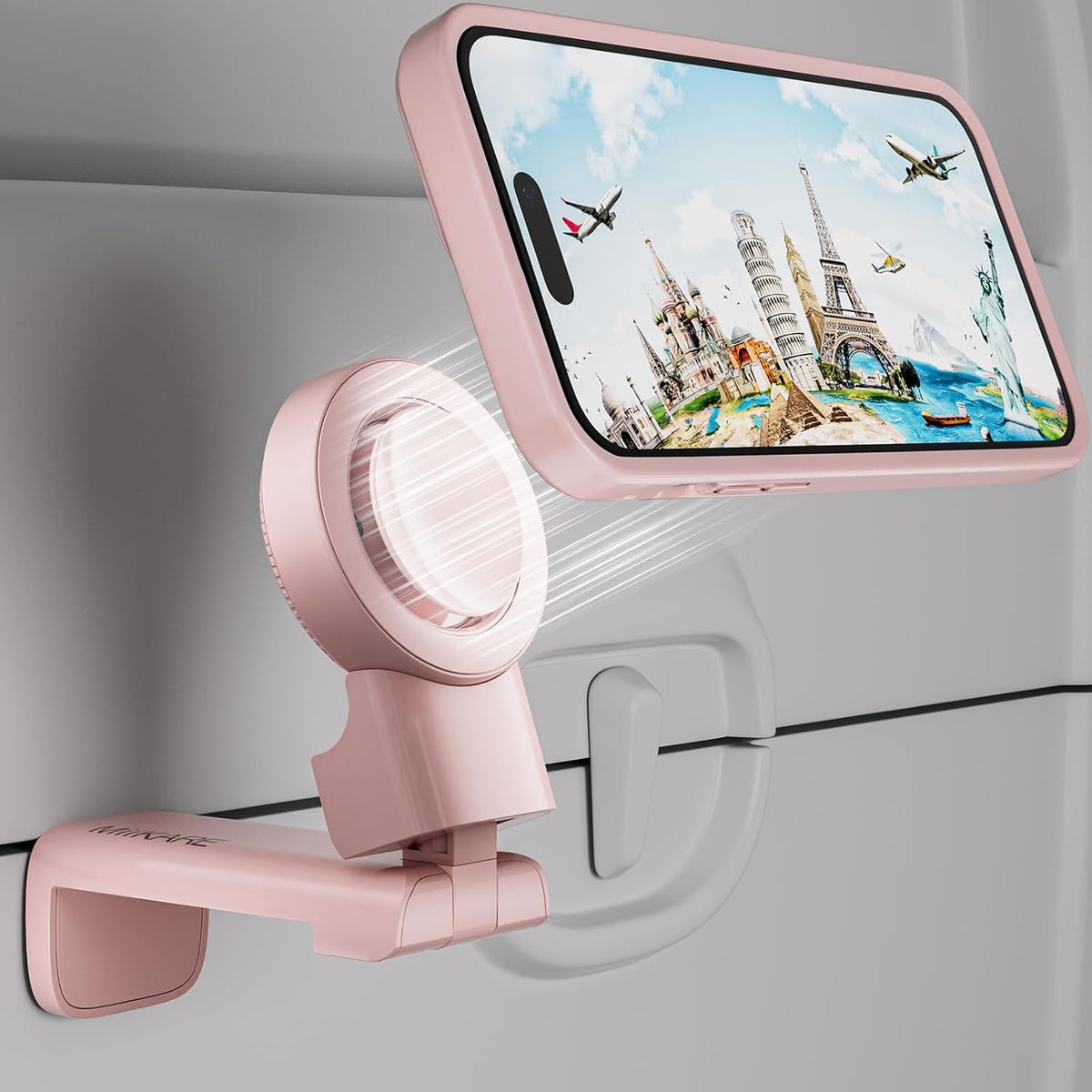 MiiKARE Travel Essentials Magnetic Airplane Phone Holder, Universal Handsfree Phone Mount for Flying with 360 Degree Rotation, Travel Must Haves Phone Stand for Desk, Tray Table, Pink