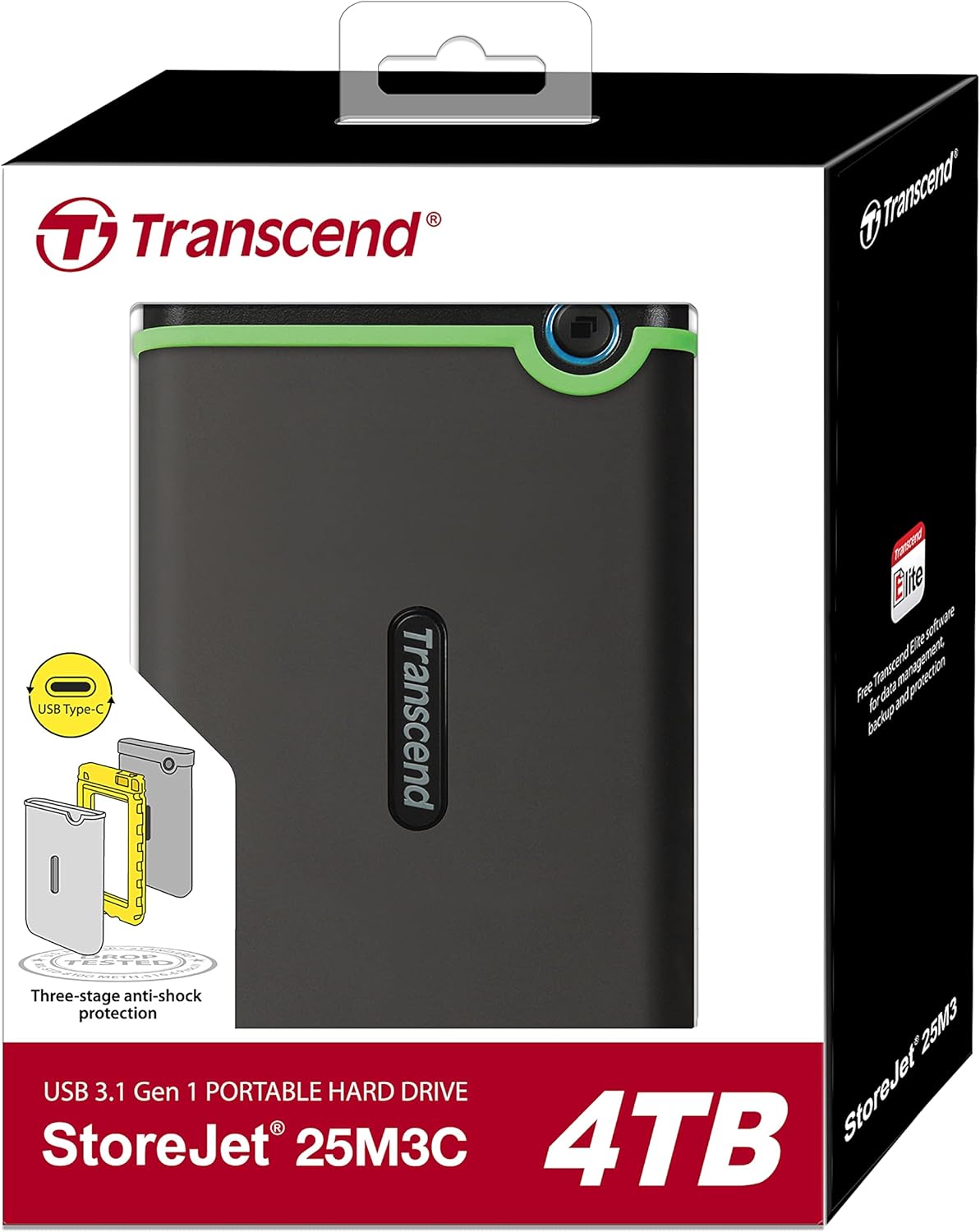 Transcend 4TB SJ25M3C, USB 3.1 Portable Hard Drive Rugged, Anti-Shock Resistant, Compact and Lightweight with Lightning-Fast Speeds, One Touch Backup Button, Type C, Iron Grey - TS4TSJ25M3C