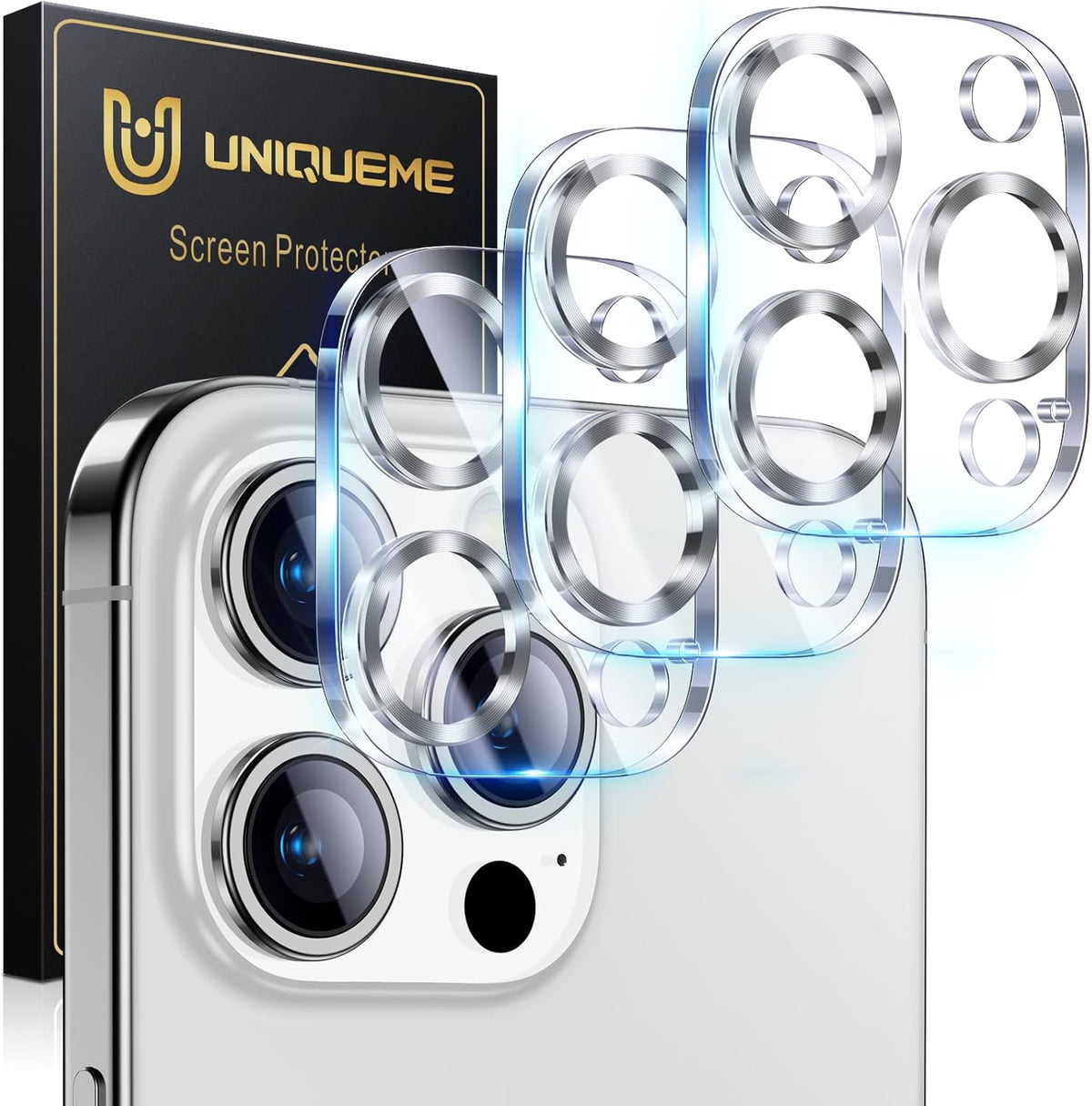 UniqueMe Compatible for 3 Pack iPhone 15 Pro/iPhone 15 Pro Max Camera Lens Protector, [Drop Protection] [Case Friendly] 9H Tempered Glass Camera Cover Screen [2023 New Version] - Silver