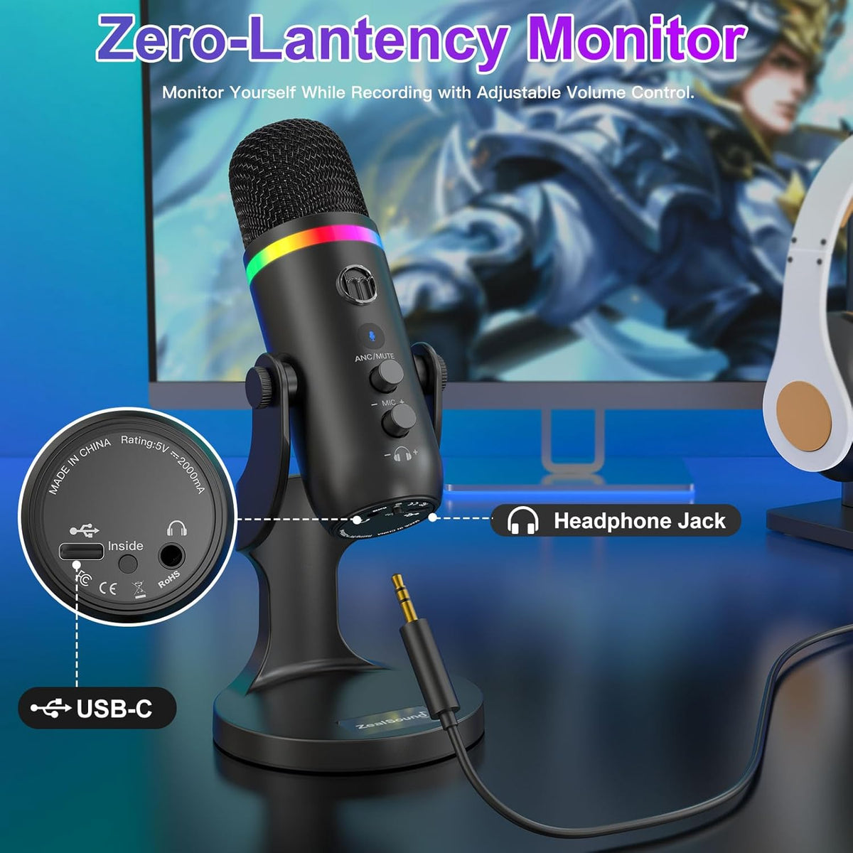 ZealSound USB Microphone for iPhone,Noise Cancellation Condenser mic with Touch Mute,Gain,Echo,Monitoring,RGB for iPad,PC,Podcast,Streaming,Twitch,YouTube,Discord,Computer,PS4,PS5,Mac,GamerWave K66