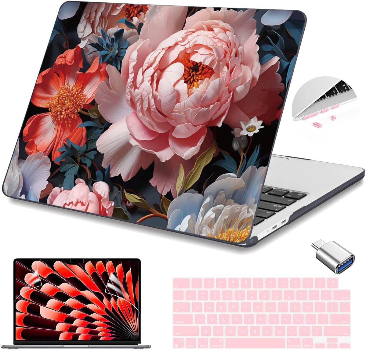 Teryeefi Compatible with MacBook Air 15 inch Case Release 2023 2024, Fits Model A3114/A2941,Design Pattern Slim Cover + Keyboard Cover + OTG Adapter for 15.3 inch MacBook Air M2 M3, Colorful Peonies
