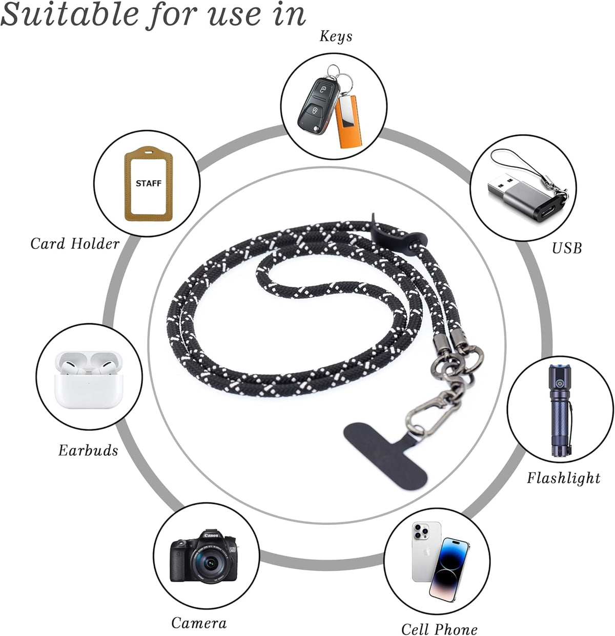 Phone Lanyard Universal Cell Phone Strap Crossbody Strap for iPhone Lanyard Around the Neck Extra Long Rope with Tether Tab for Men and Women (White on Black)