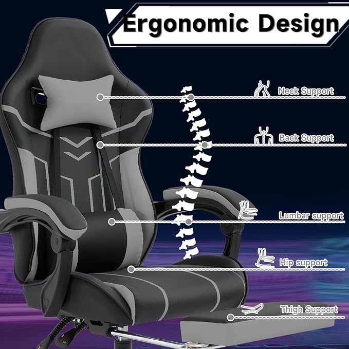 Black 360° Swivel Gaming Chair Ergonomic Heavy Duty 330lbs Office Chair with Footrest and Massage Lumbar Support Height Adjustable High Back Reclining Gamer Chair with Headrest (Black)