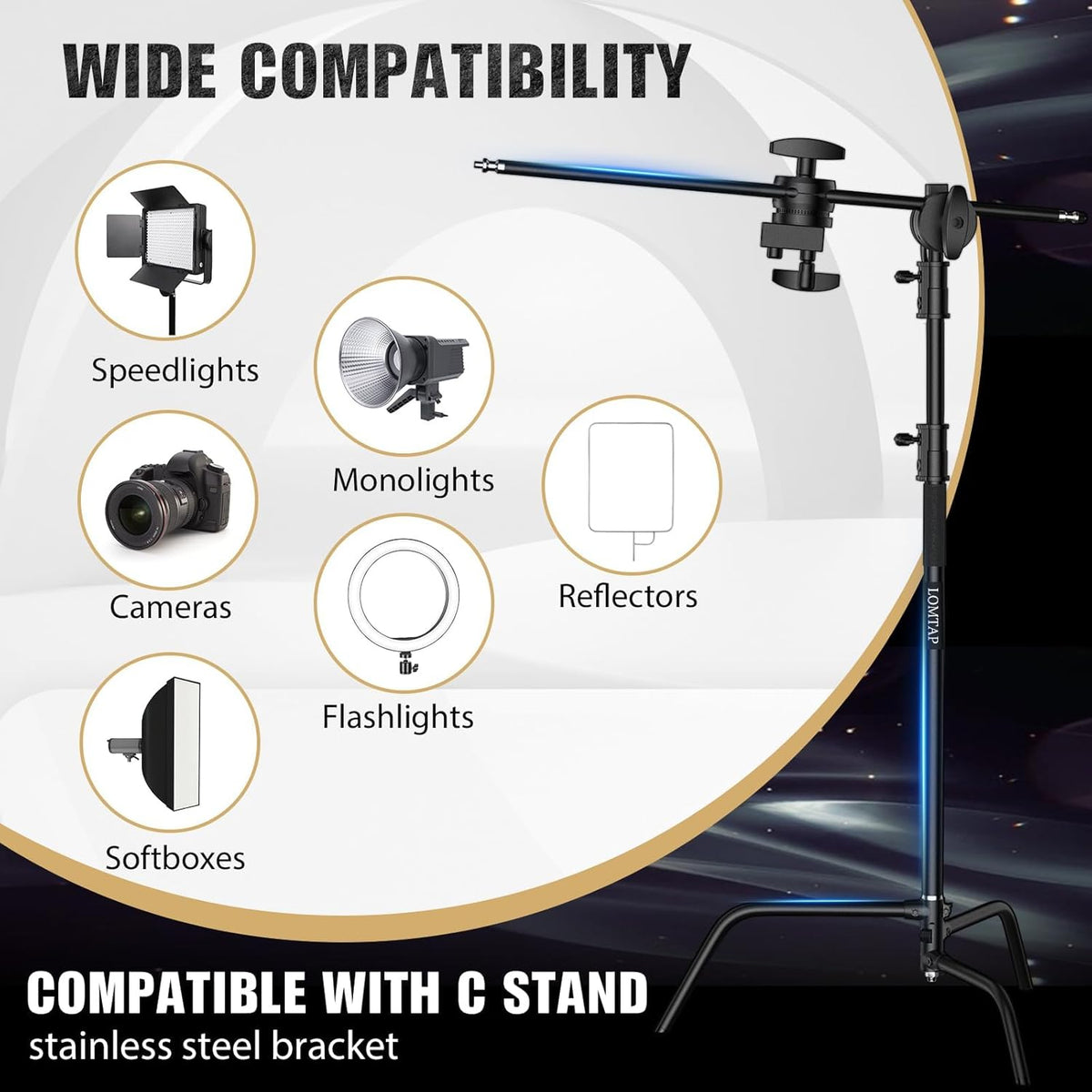 LOMTAP C Stand Light Stand Stainless Metal Photography Kit - Heavy Duty 6.8ft/210cm Vertical Pole, 2.8ft/87cm Boom Arm, Adjustable Base, Water Sandbag, 2 Grip Heads, 3 Clips for Softbox, Reflector