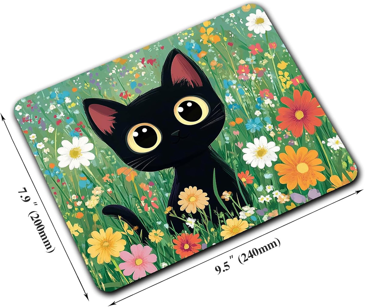 Cute Black Cat Floral Custom Mouse Pad with Non-Slip Rubber, Small Square Design for Wireless Laptop & Computer Mouse Pads for Desk, 9.5 x 7.9 inch Smooth Surface for Gaming & Office