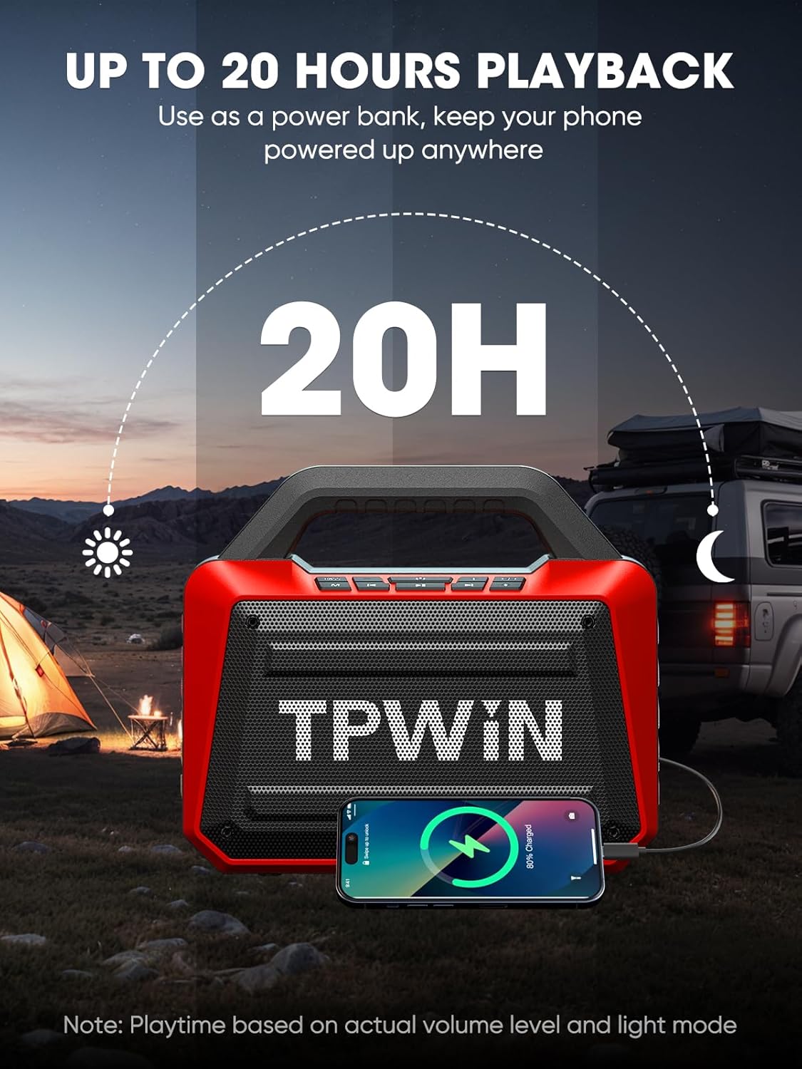 Portable Bluetooth Speakers - Wireless Speaker 80W Peak, Loud Speaker with Light, Strong Bass, BT 5.3, TWS, IPX6 Waterproof, 20H Playtime for Home Party Outdoor Beach Camping - Red