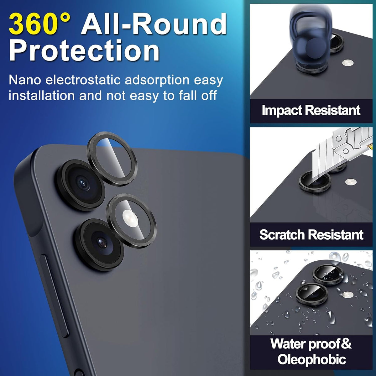 for Samsung Galaxy A06 Camera Lens Protector, Individual Metal Ring Tempered Glass Lens Cover, [Strong Adsorption] Scratch Resistant Ultra-Thin HD Clear Lens Cover, 1 Set-Black