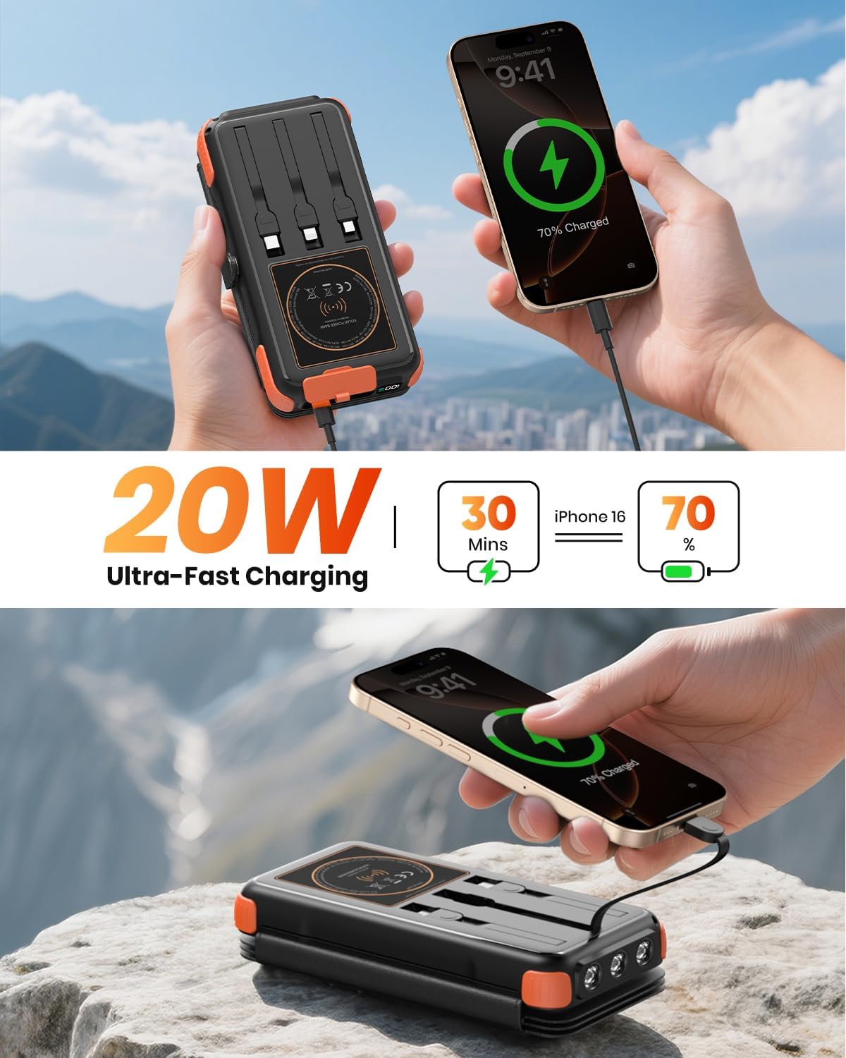Solar-Charger-Power-Bank-49800mAh, 20W Fast Charging Portable Charger with Built-in 3 Cables & 4 Solar Panels, USB C Solar Battery Bank with LED Flashlights for Smartphones, Tablets