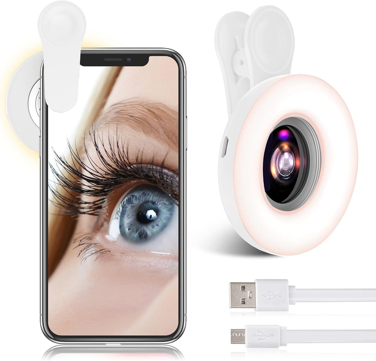 15X Macro Lens with LED Ring Light for iPhone & Android - Rechargeable Portable Clip-On Lens for Smartphone Photography, Vlogging, Close-Up Photos & Video Recording - 3 Light Modes, USB Fast Charging