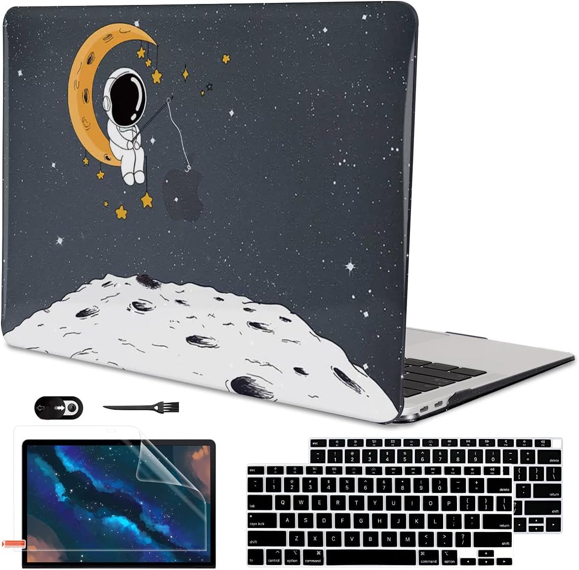 for MacBook Air 13 inch Case 2021 2020 2019 2018 Release M1 A2337 A2179 A1932 Retina Display with Touch ID, Shiny Plastic Hard Shell Case Keyboard Cover Screen Protector, Astronaut Moon