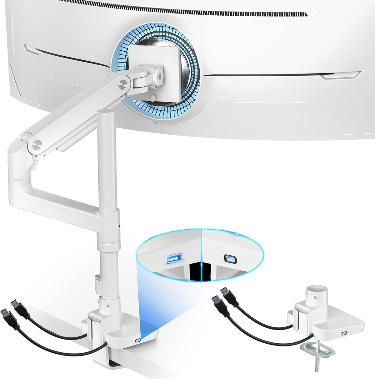 ARES WING Ultrawide Monitor Mount with USB A/C, with Extended Column for 17 to 49 inch Heavy Duty Monitor, Holds 44 lbs, Adjustable Gas Spring Desk Mount, White