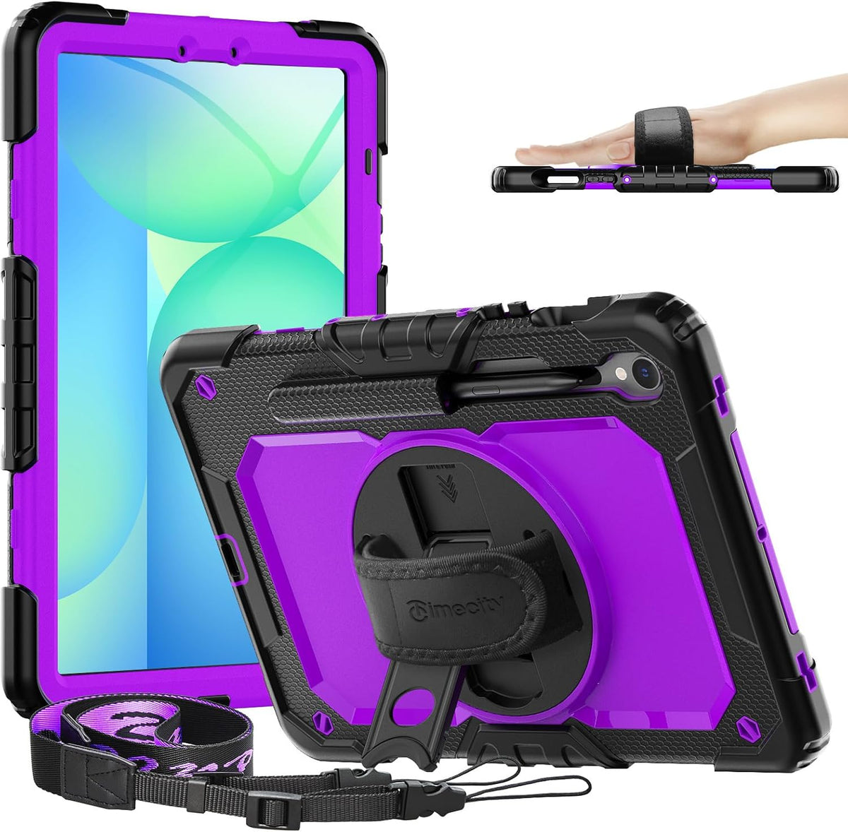 Timecity Case for Samsung Galaxy Tab S10 FE/ S9 FE 5G 10.9 Inch/ S9 11 Inch - Heavy Duty Protective Cover with Screen Protector, Rotating Stand, Shoulder Strap & S Pen Holder | Kids-Friendly, Purple
