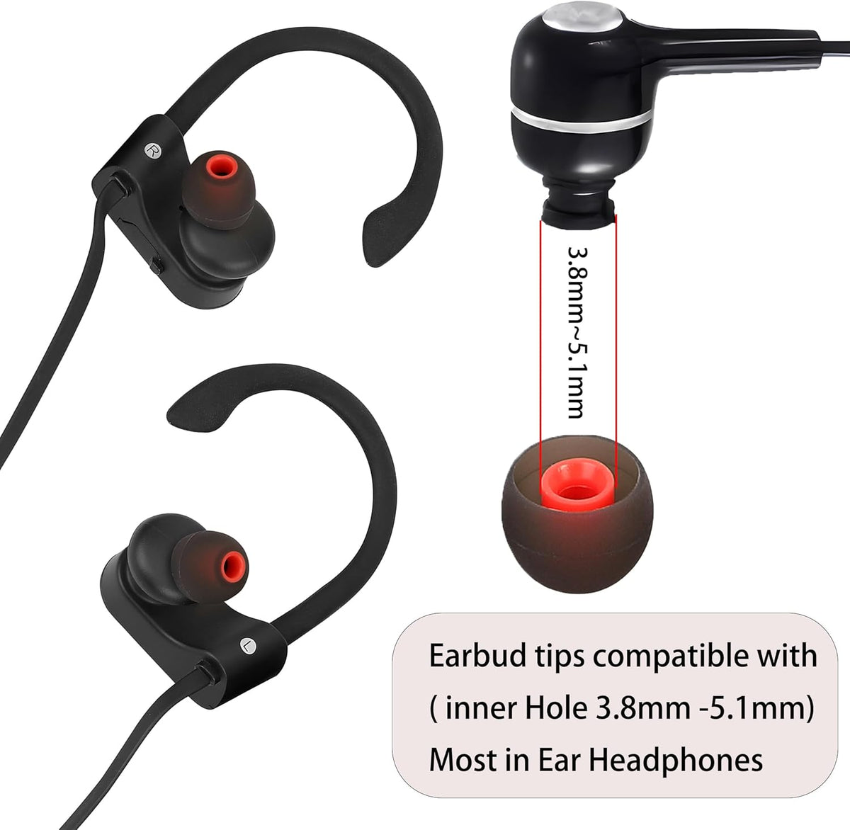 Silicone Earbud Tips - Fit Most In-Ear Earbuds (Inner Hole 3.8mm - 5.1mm) - 9 Pairs S M L