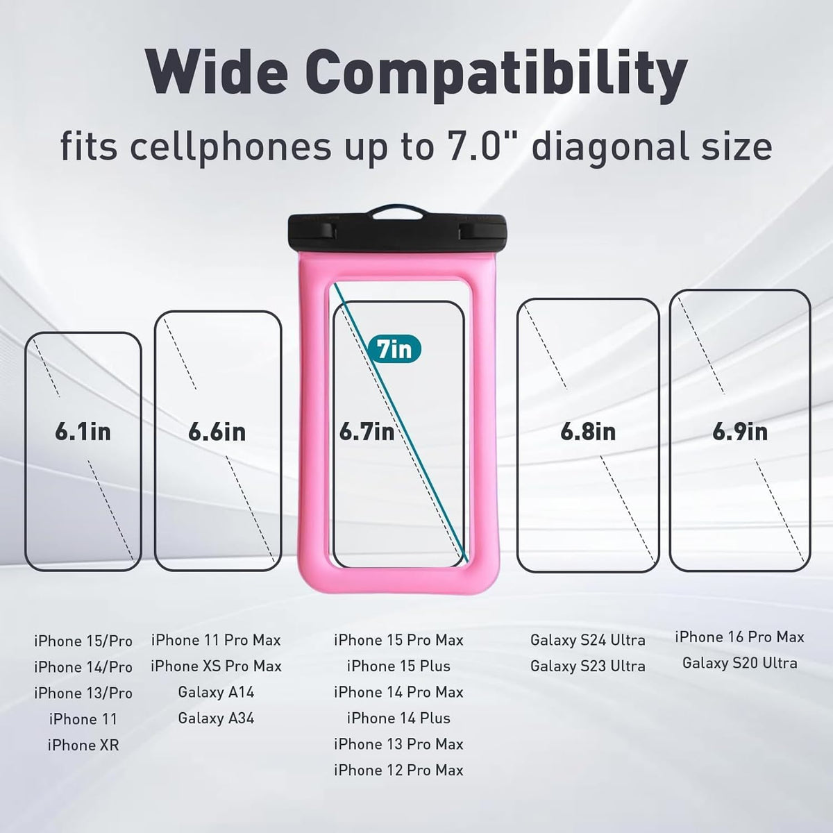 Floatable Waterproof Phone Pouch/Case with Crossbody Lanyard for iPhone 16 Pro Max/15 Pro/14/13/12, IP68 Cellphone Dry Bag Beach Cruise Ship Essentials, 1 Pack-Pink-7″