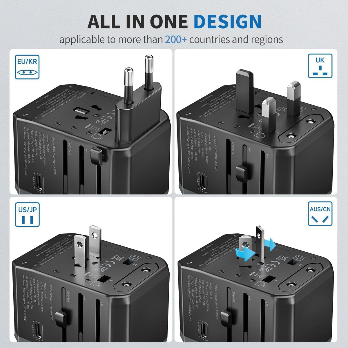 EPICKA Universal Travel Adapter, International Power Adapter with 2 USB-A & 3 USB-C Ports Wall Charger - Worldwide Travel Essentials, European Travel Plug Adapter for UK/US/AU (TA-105C, Black)