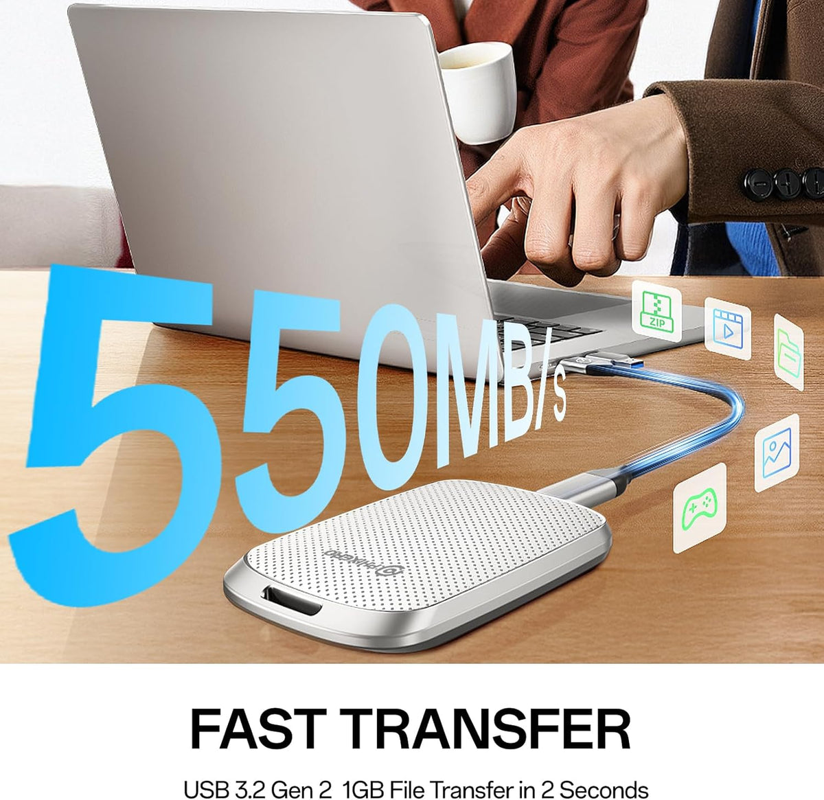 PHIXERO P5PLUS Portable SSD 256GB Up to 550MB/s, USB 3.2 Gen 2 External Solid State Drive，USB C to C&A for Smartphone，Tablet，PC，Labtop (White)