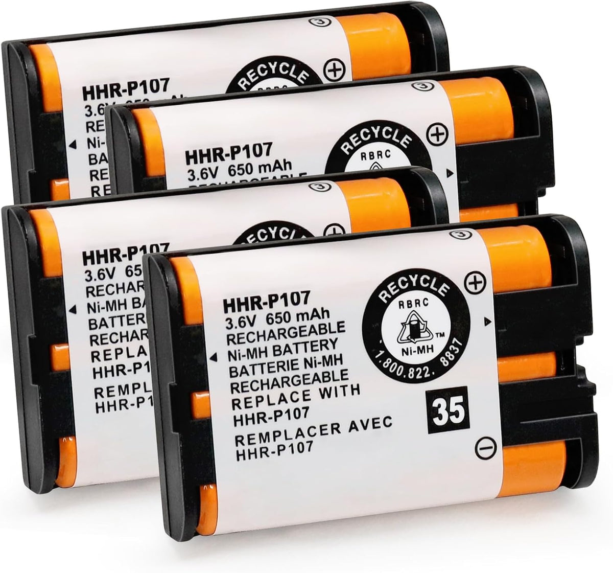 4Pack HHR-P107 NI-MH Rechargeable Battery 3.6V 650mAh for Cordless Phones