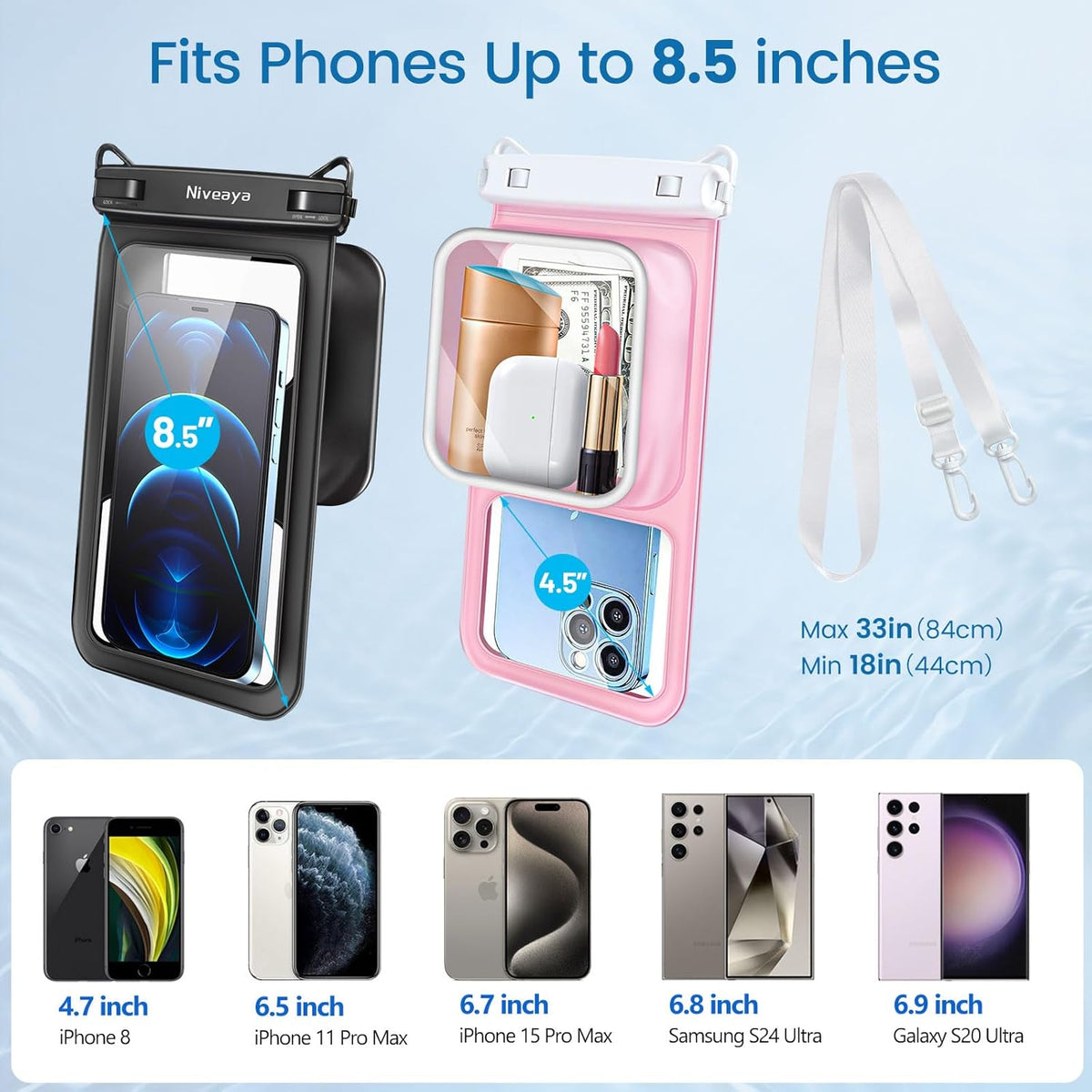 Niveaya [Floatable Floating Waterproof Phone Pouch 2 Pack-Up to 8.5", Large Space Adjustable Neck Lanyard Waterproof Phone Case, Phone Dry Bags for Vacation Beach Pool Kayak Cruise Travel Essentials