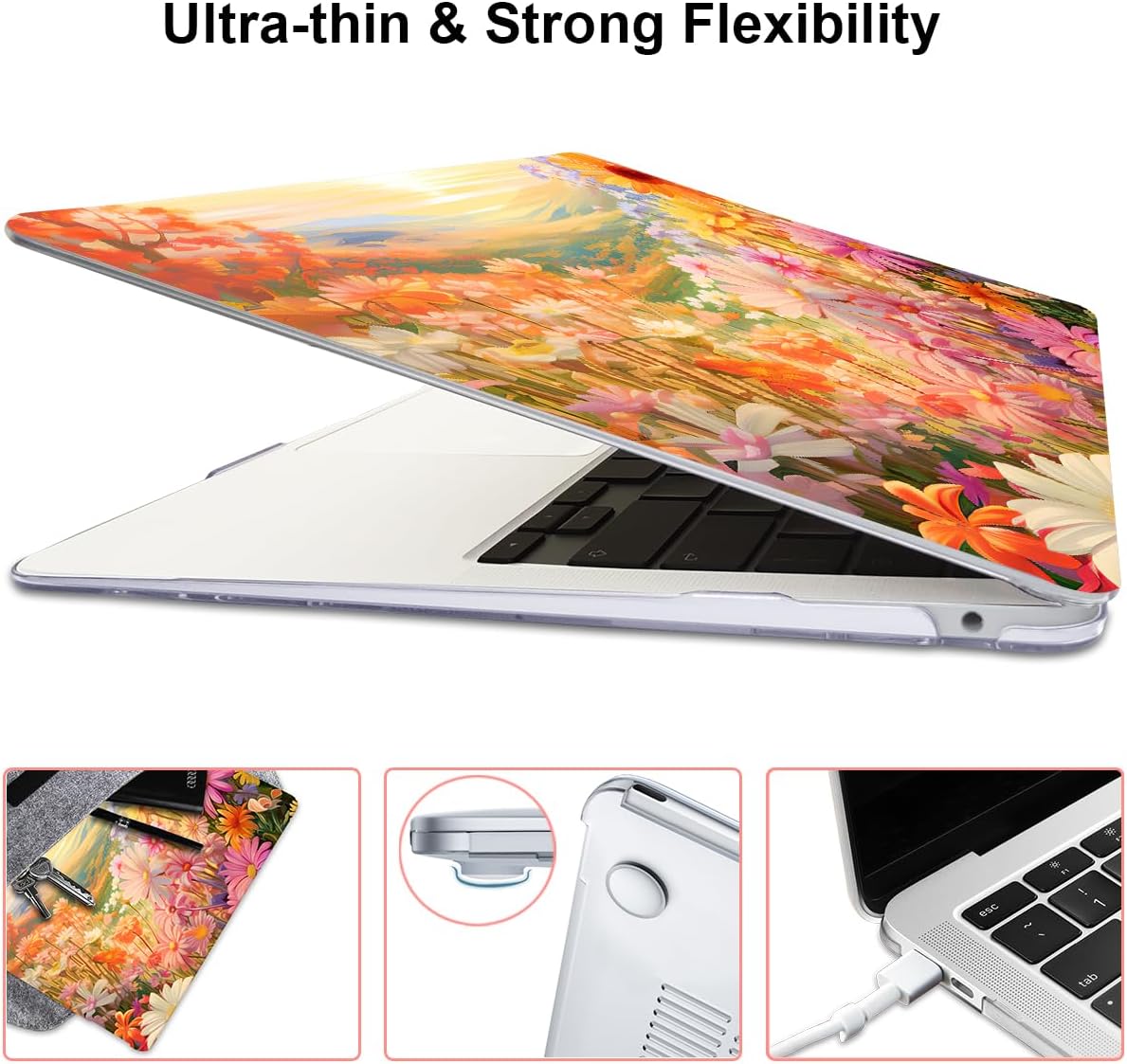Compatible with MacBook Air 13 Inch Case 2021 2020 2019 2018 Release M1 A2337 A2179 A1932 Touch ID, Clear Plastic Hard Shell Case Keyboard Cover Screen Film, Watercolor Daisies