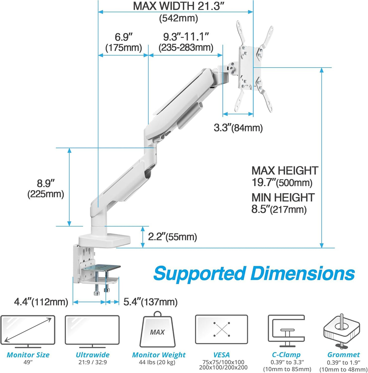 AVLT RGB Lights Single 17”-49” Gaming Monitor Arm Desk Mount, Fits One Flat/Curved/Ultrawide Screen up to 44lbs(20kg), Height Swivel Tilt Adjustable Stand - White