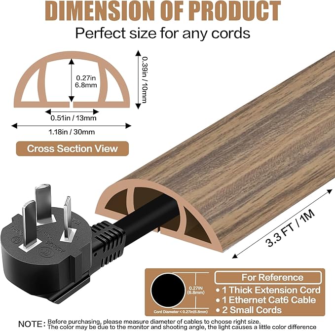 Floor Cord Cover Self Adhesive Cord Hider,3.3FT Cable Management, Extension Strip Protector for Wires, Prevent Cable Trips for Offices, Gyms, Exhibitions Cavity:0.39"(W) x0.27(H) Woodsmokedbrown