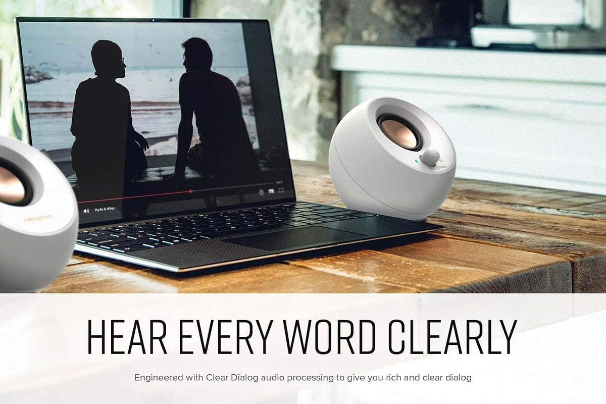 Creative Pebble V3 Minimalistic 2.0 USB-C Desktop Speakers with USB Audio, Clear Dialog Enhancement, Bluetooth 5.0, 8W RMS with 16W Peak Power, USB-A Converter Included (White)