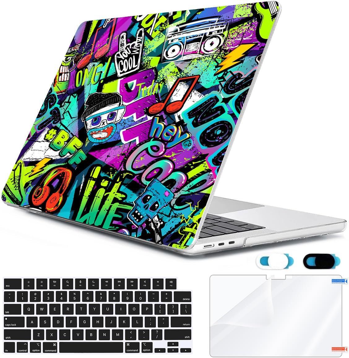 Compatible with MacBook Air 13 inch Case 2025 2024-2022 M4 A3240 M3 A3113 M2 A2681, Plastic Hard Shell&Keyboard Cover&Screen Film&Webcam Cover for MacBook Air 13.6 inch Case, Cool Graffiti