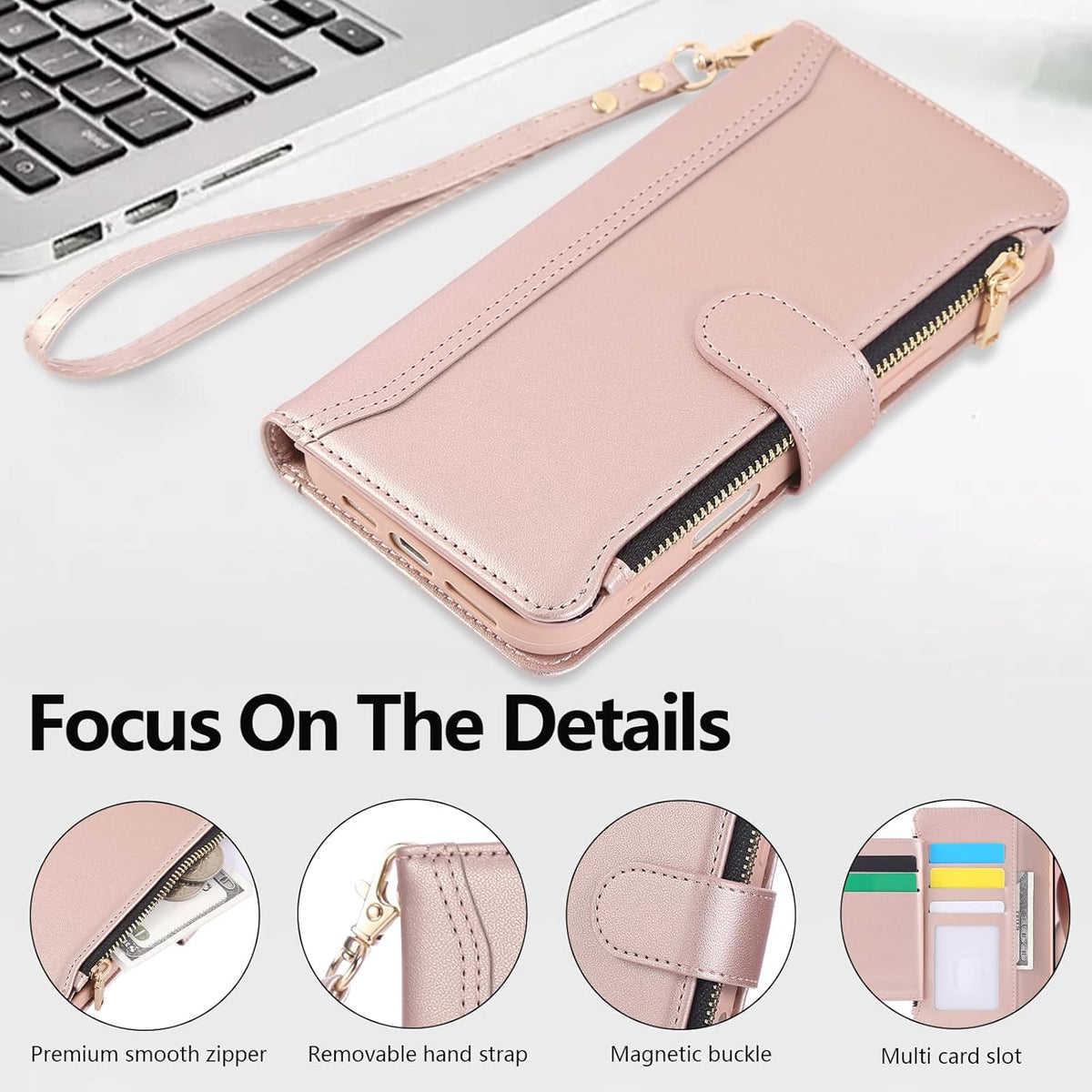 Compatible with iPhone 15 Pro Wallet Phone Case-PU Leather Magnetic Flip Cover with Credit Card Slots,Zipper Pocket & Detachable Wrist Strap,Shockproof Design,for Women and Men-Pink