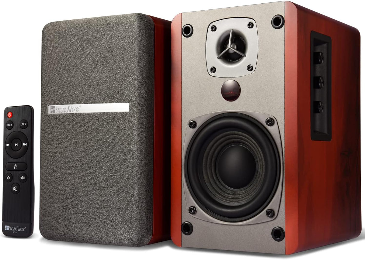 SINGING WOOD BT27 Active Powered Bluetooth Bookshelf Speakers for Studio Monitor TV Computer Turntable - 60 Watts - Wood Grain Finish (Walnut)