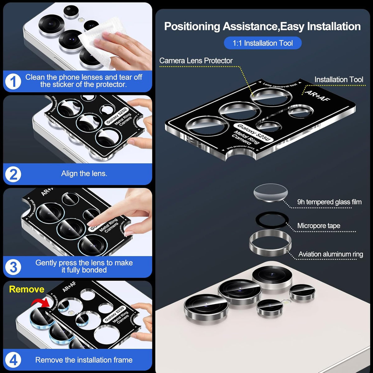 for Samsung Galaxy S25 Ultra Camera Lens Protector, Individual Metal Ring Tempered Glass Lens Cover, [Strong Adsorption] Scratch Resistant Ultra-Thin HD Clear Lens Cover, 1 Set-Gray Ring