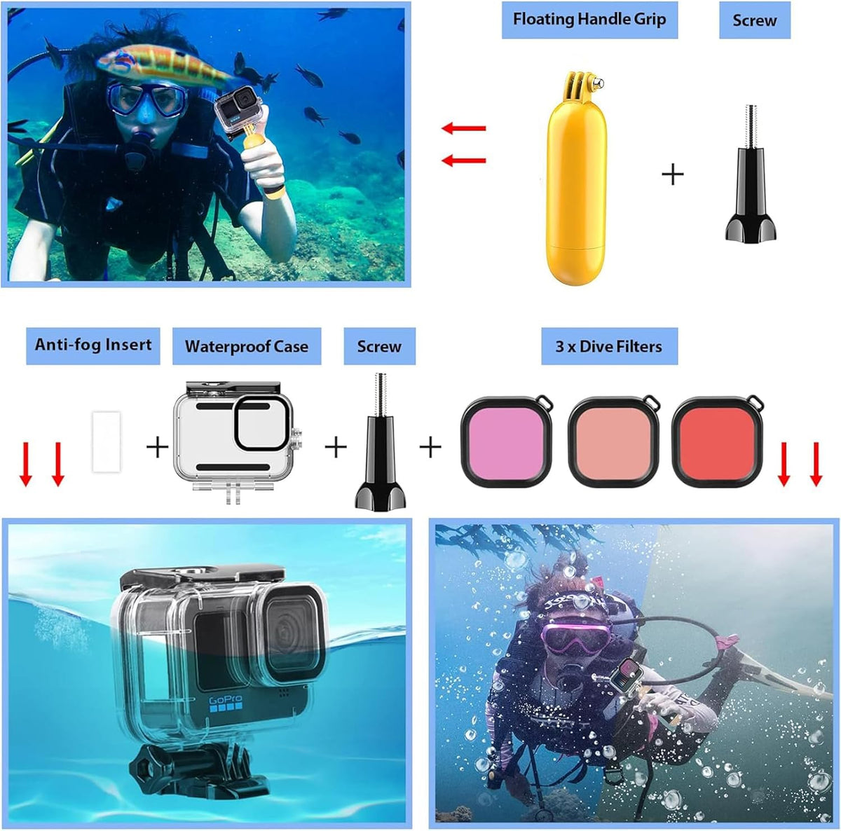 HONGDAK Action Camera Accessories Kit for GoPro Hero 13 12 11 10 9 Black, Waterproof Housing+Silicone Case+ Adjustable Arm+Head Chest Wrist Strap+Bike Mount+Suction Cup+Floating Grip Bundle Set 63in1