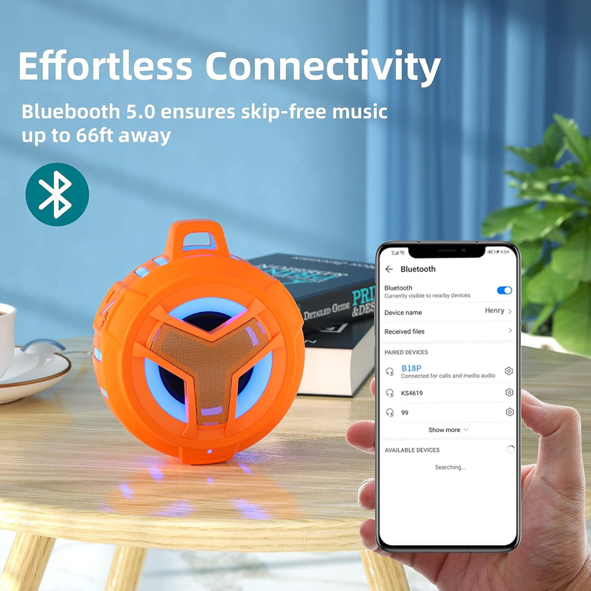 EBODA Bluetooth Shower Speaker, IPX7 Waterproof Portable Wireless Small Mini Speakers, Floating, 2000 mAh with RGB Light for Pool, Beach, Boat, Kayak Accessories, Gifts for Men and women -Orange