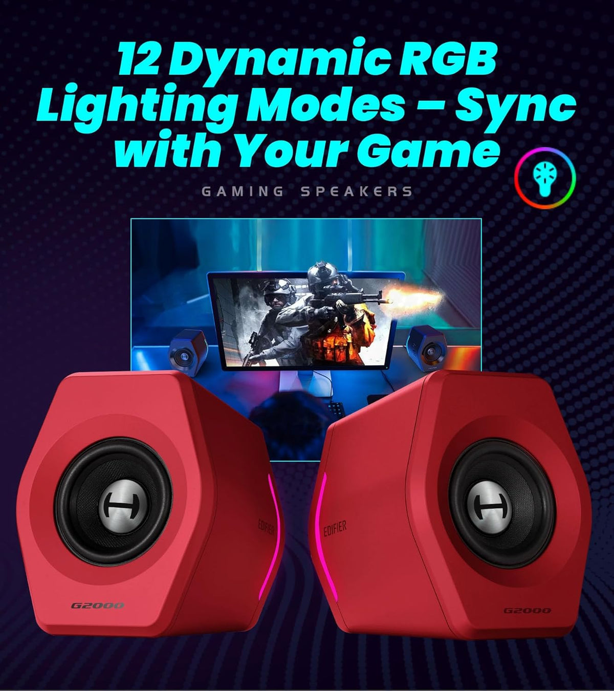 Edifier Hecate RGB Gaming Speakers, 32W Peak Power, Bluetooth 5.1, Game/Movie/Music Modes, 12 RGB Lighting Effects, Compact Design for PC/PS4/Desktop - Red