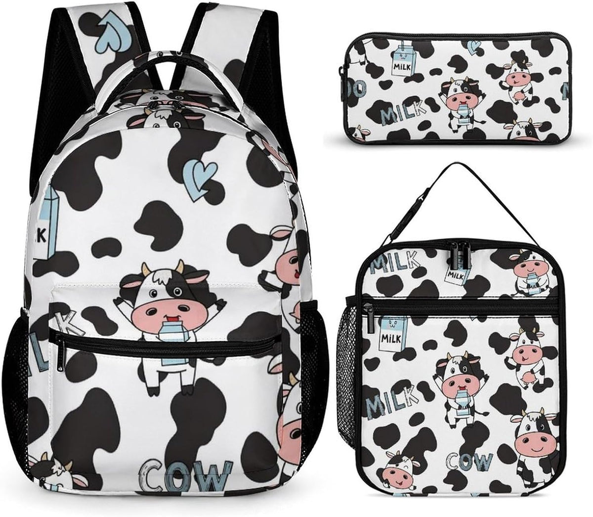 100% BLUE COLLAR Backpack Set Daypack Set Backpack Laptop Milk Cow Print Bookbag with Lunch Bag & Storage Bag